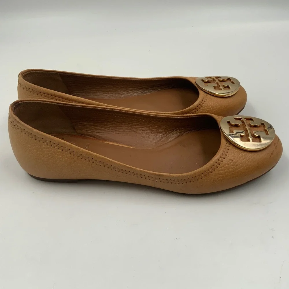 Tory Burch Tan Leather Ballet Flats with Gold Logo Medallion - Classic